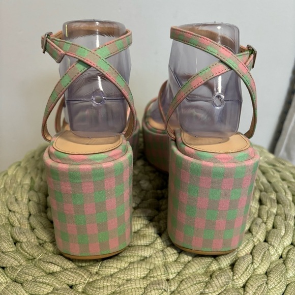 NWOB Urban Outfitters UO Nora Strappy Green/Pink Plaid Platform Wedge Sandal - Picture 9 of 15